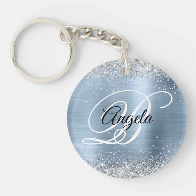 Porte-clefs Faux Pailleté Argent Paillettes Bleu Feuille Monog (Devant)