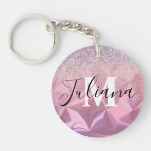 Porte-clefs Faux Pailleté Monogramme Métal Brossé Rose 