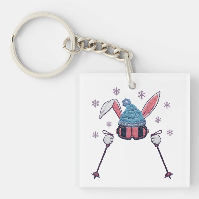 Porte-clefs Faux yarn skiing rabbit winter humor (Devant)