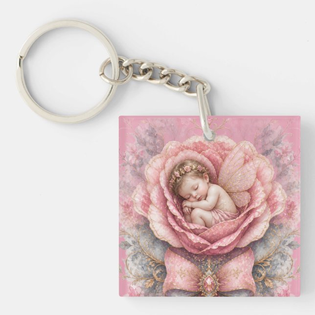 Porte-clefs Fée bébé fille Naissance Rose rose  (Devant)