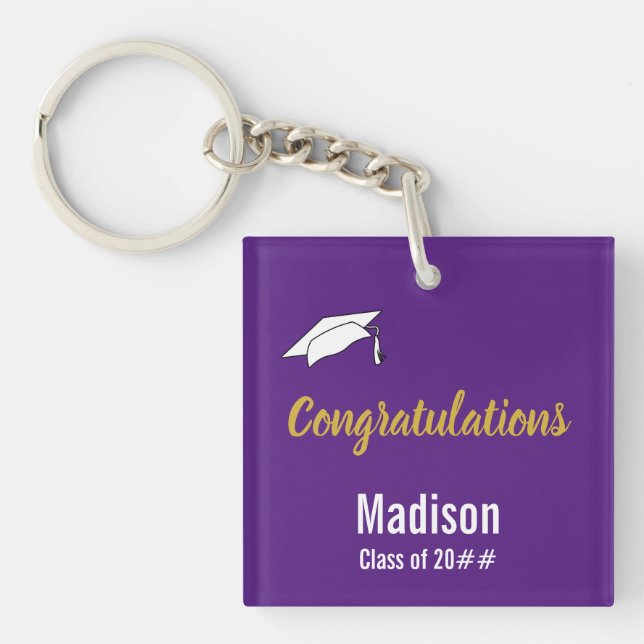 Porte-clefs Félicitations Purple White et Gold Grad's Name (Devant)
