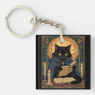 Porte-clefs Félin de couleur noire lisant un livre de solstice
