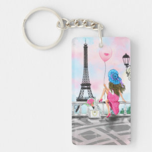 Porte-clefs Femme avec ballon rose à Paris Cadeau Porte - clé