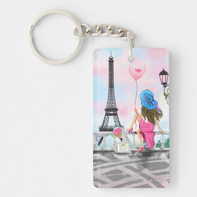 Porte-clefs Femme avec ballon rose à Paris Cadeau Porte - clé (Devant)