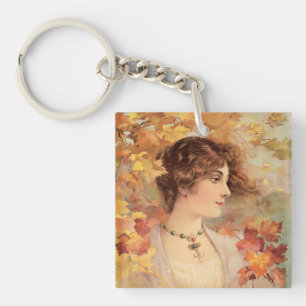 Porte-clefs Femme d'automne Art Nouveau Imprimé de feuillage d