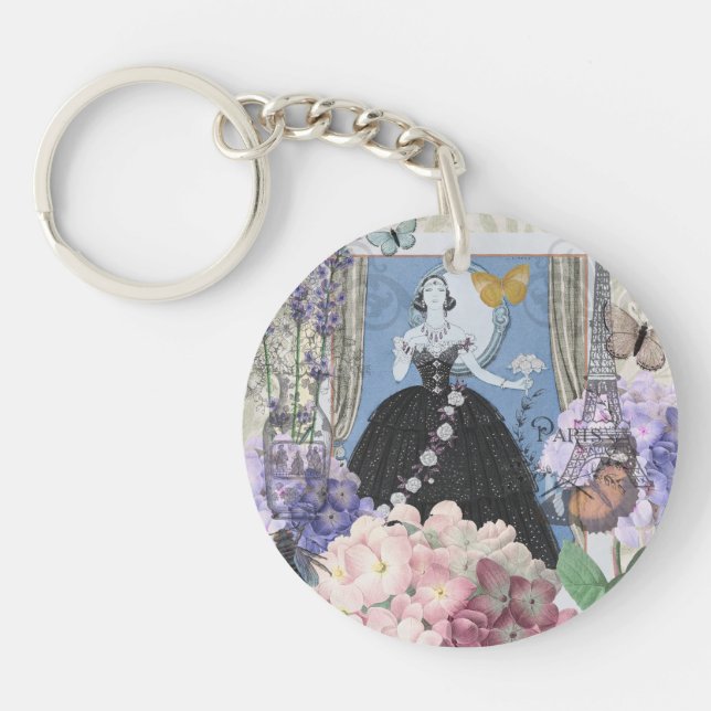 Porte-clefs Femme élégante bleue Robe florale Chic (Devant)