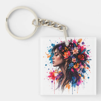 Porte-clefs Femme Florale Aquarelle Colorée Artistique