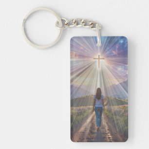 Porte-clefs Femme marchant vers la Croix lumineuse – Parcours 
