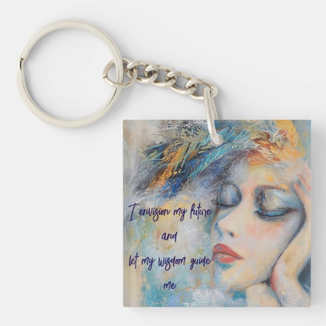 Porte-clefs Femme Mystique avec plumes Porte - clé acrylique (Devant)