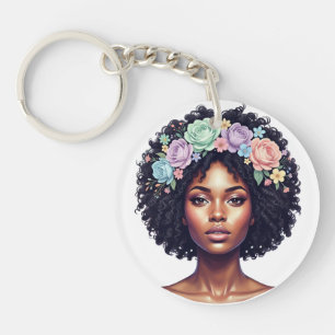Porte-clefs Femme noire élégante avec bandeau floral Afro