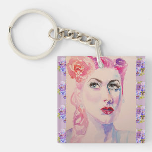 Porte-clefs Femme Rétro Glamour Aquarelle Violet Vintage