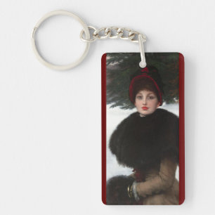 Porte-clefs femme victorienne scène hiver portrait rouge blanc