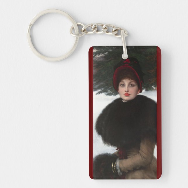 Porte-clefs femme victorienne scène hiver portrait rouge blanc (Devant)
