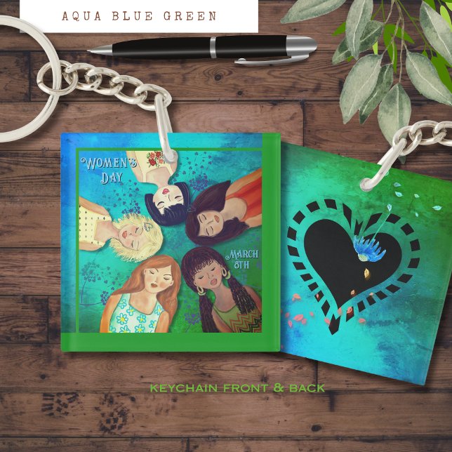 Porte-clefs Femmes de la Journée Portraits femme Aqua Carré (Women's Day Woman Portraits Aqua Square Keychain )
