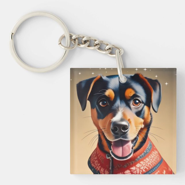 Porte-clefs Festive Cheer: Cozy Rottweiler Mix in Red Sweater (Devant)