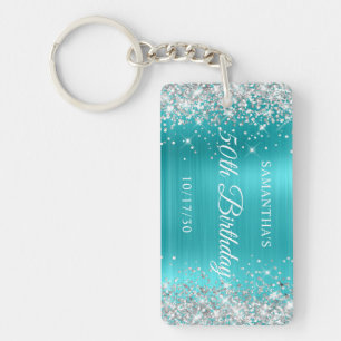 Porte-clefs Fête des 50 ans Turquoise Bleu Paillettes Argentée