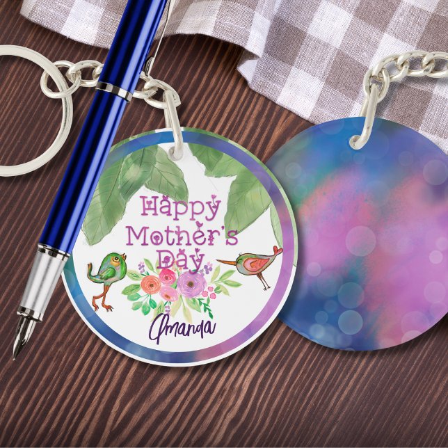 Porte-clefs Fête des Mères Whimsical Oiseaux floraux (Whimsical Mother's Day Floral Birds Keychain)