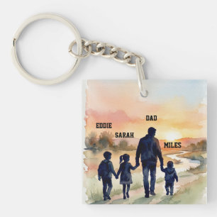 Porte-clefs Fête des Pères Aquarelle Famille Coucher de soleil