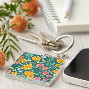 Porte-clefs Feuilles tropicaux et motif de fleurs