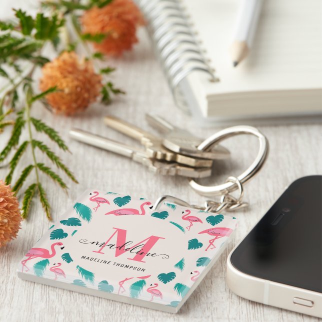 Porte-clefs Feuilles tropicaux Flamant rose rose chaud Monogra (Devant Droit)