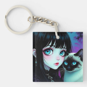 Porte-clefs Fille Anime et Chat Siamois Personnalisés