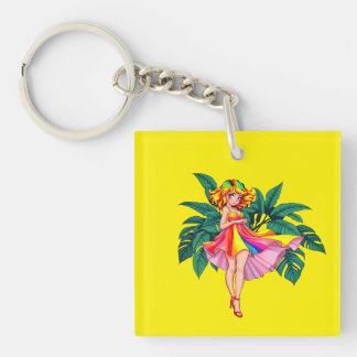 Porte-clefs Fille Anime Tropicale robe arc-en-ciel Carré Acryl