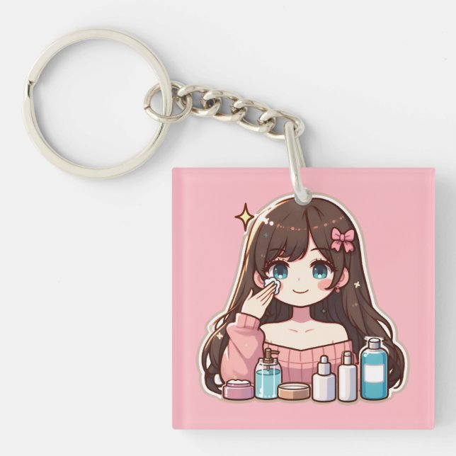 Porte-clefs Fille appliquant des soins skincare art mignon des (Devant)