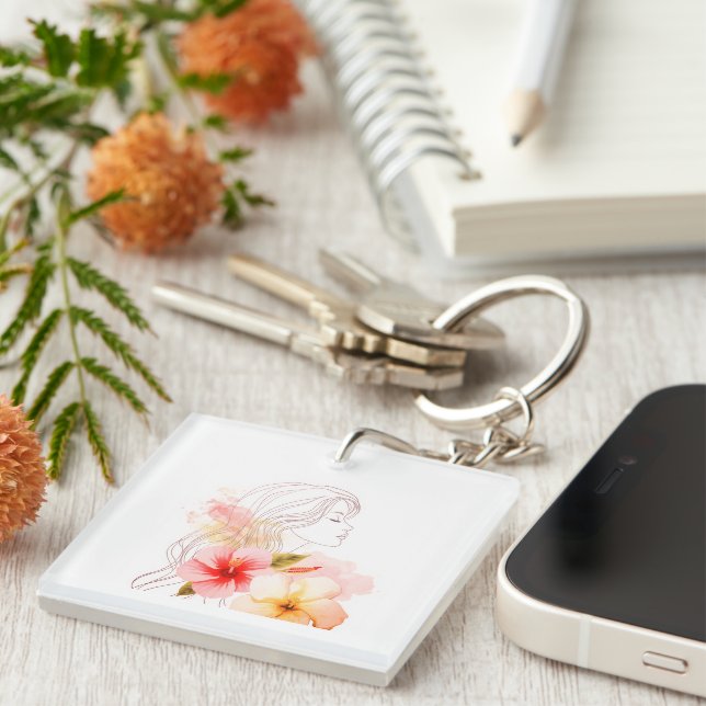Porte-clefs Fille aux yeux fermés avec fleur rouge (Devant Droit)