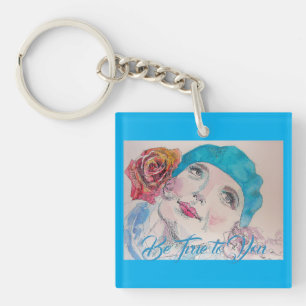 Porte-clefs Fille avec Rose rouge Beret Soyez fidèle à vous 