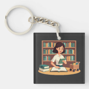 Porte-clefs Fille Confortable sur une Étagère de Livres