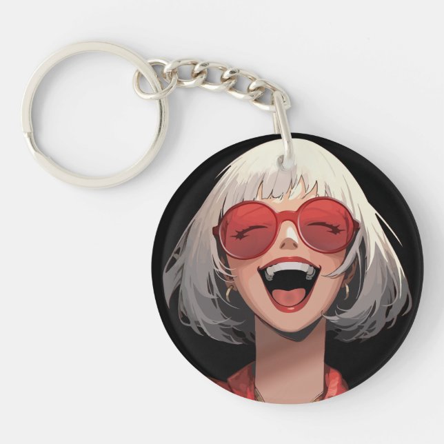 Porte-clefs Fille d'anime joyeuse : Cheveux gris, Lunettes rou (Devant)