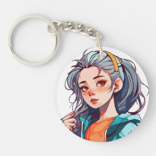 Porte-clefs Fille d'anime romantique aux cheveux colorés lumin