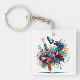 Porte-clefs Fille de breakdance coloré Art
