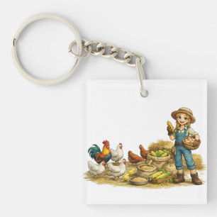 Porte-clefs Fille de la ferme avec des œufs, joli art rustique