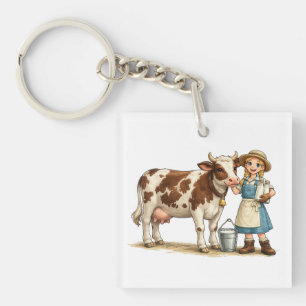Porte-clefs Fille de la ferme avec vache, joli art de campagne