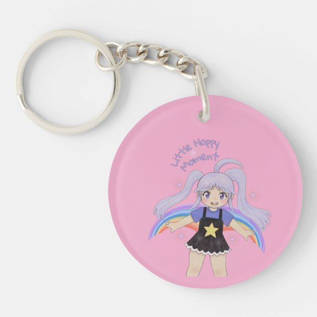 Porte-clefs Fille Heureuse Illustration Dessinée à la Main – P (Devant)