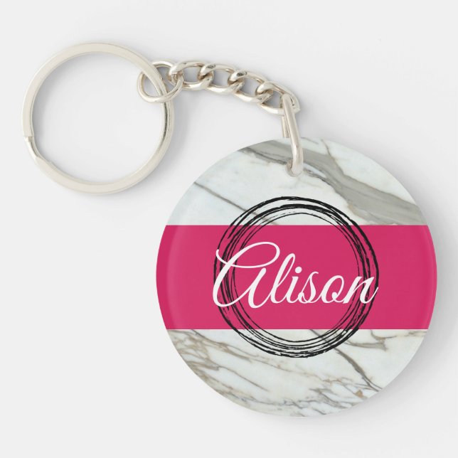 Porte-clefs Fille marbre rose nom personnalisé conception (Devant)