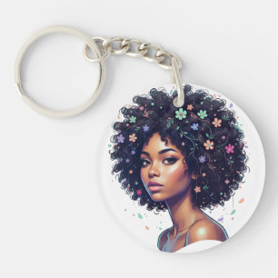 Porte-clefs Fille noire fantaisiste avec afro orné de fleurs
