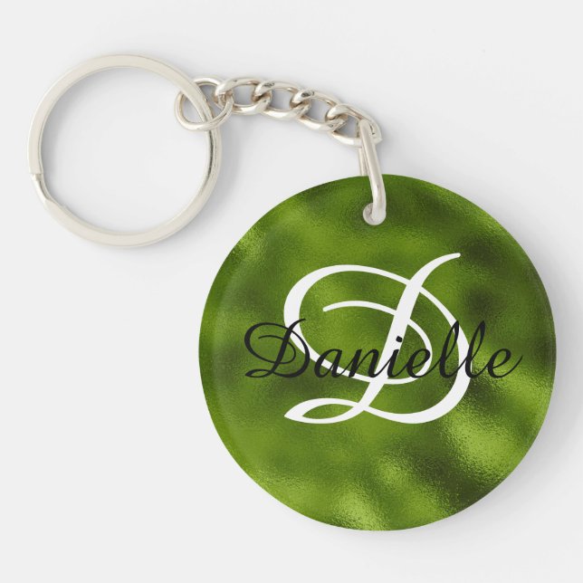 Porte-clefs Fille Nom et Monogramme Faux Pine Green Foil Photo (Devant)