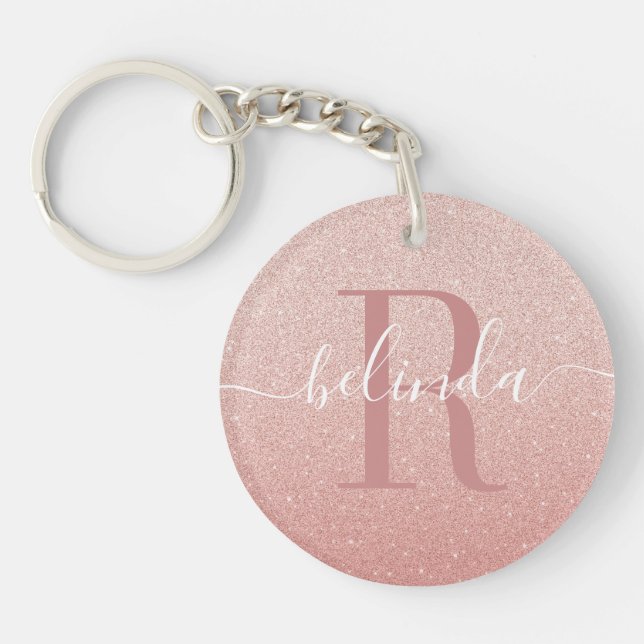 Porte-clefs Fille Rose Gold Blush Pink Monogramme Nom (Devant)