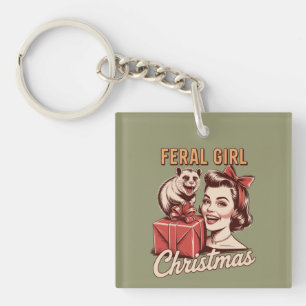 Porte-clefs Fille sauvage Noël Opossum Xmas Rétro branché