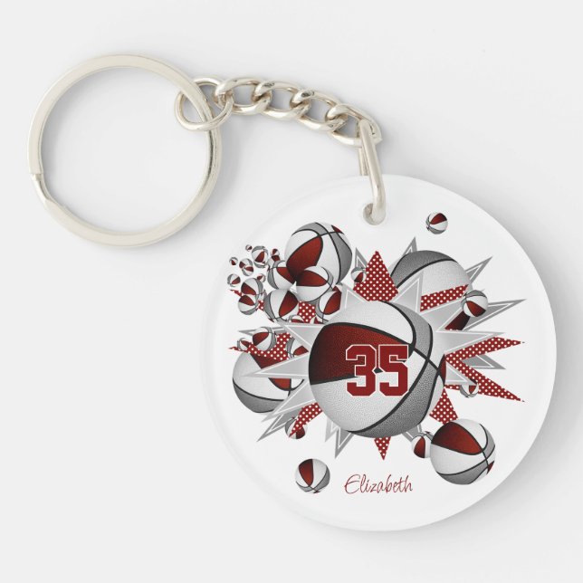Porte-clefs filles maroon gris basketballs étoiles (Devant)