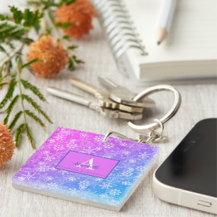 Porte-clefs Filles Rose Bleu Jolies Flocons de Neige Monogramm