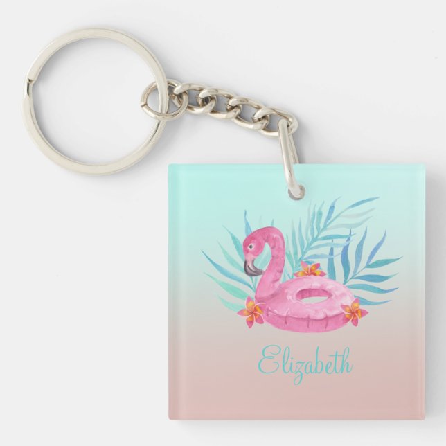 Porte-clefs Flamant Rose Adorable Feuilles de Palmier  (Devant)