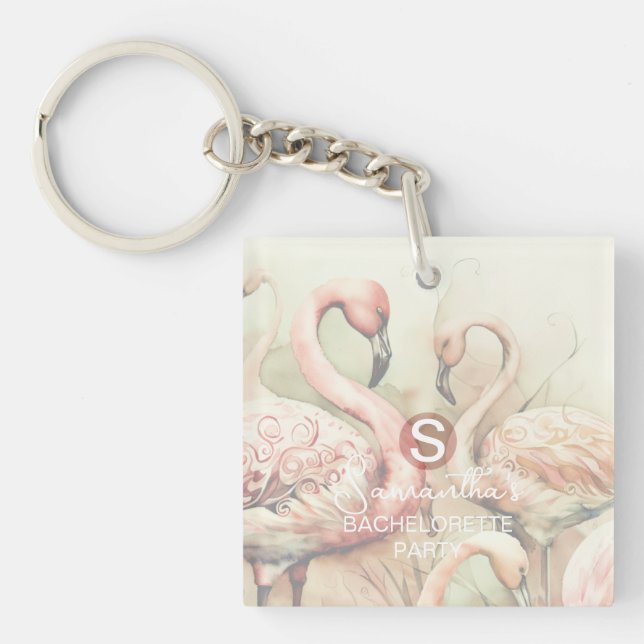 Porte-clefs Flamant Rose Chic Personnalisé Monogramme Élégant (Devant)