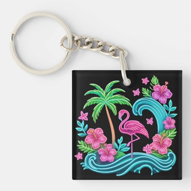 Porte-clefs Flamant rose de néon tropical (Devant)