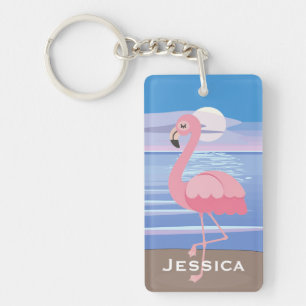 Porte-clefs Flamant rose d'île tropicale personnalisée