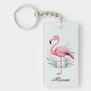 Porte-clefs Flamant rose et fleurs Personnalisé