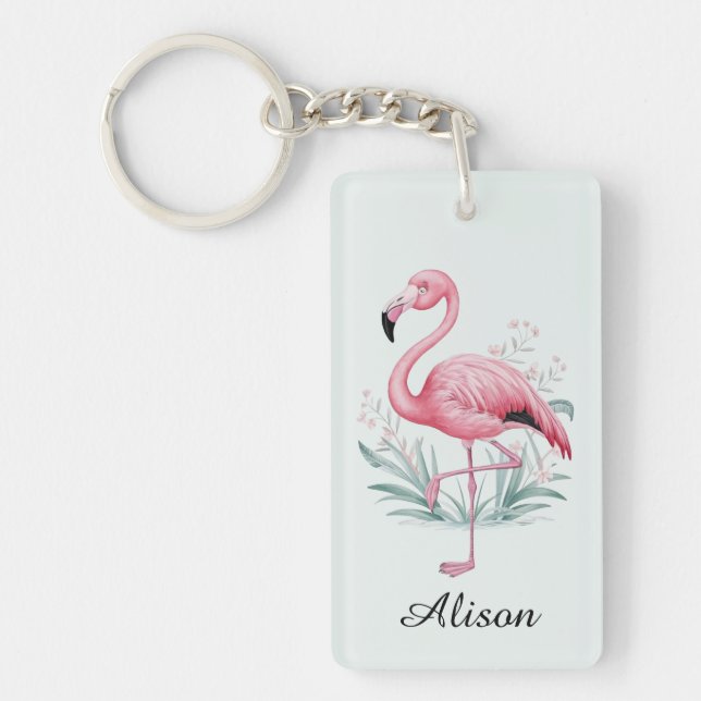 Porte-clefs Flamant rose et fleurs Personnalisé (Devant)