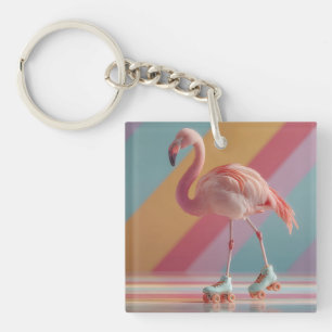 Porte-clefs Flamant Rose Fantaisiste sur des Patins à Roulette